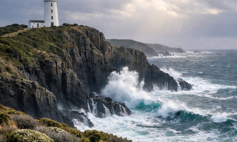 Historischer Cape Bruny Lighthouse auf einer Klippe über der wilden Winterküste von Bruny Island in Tasmanien