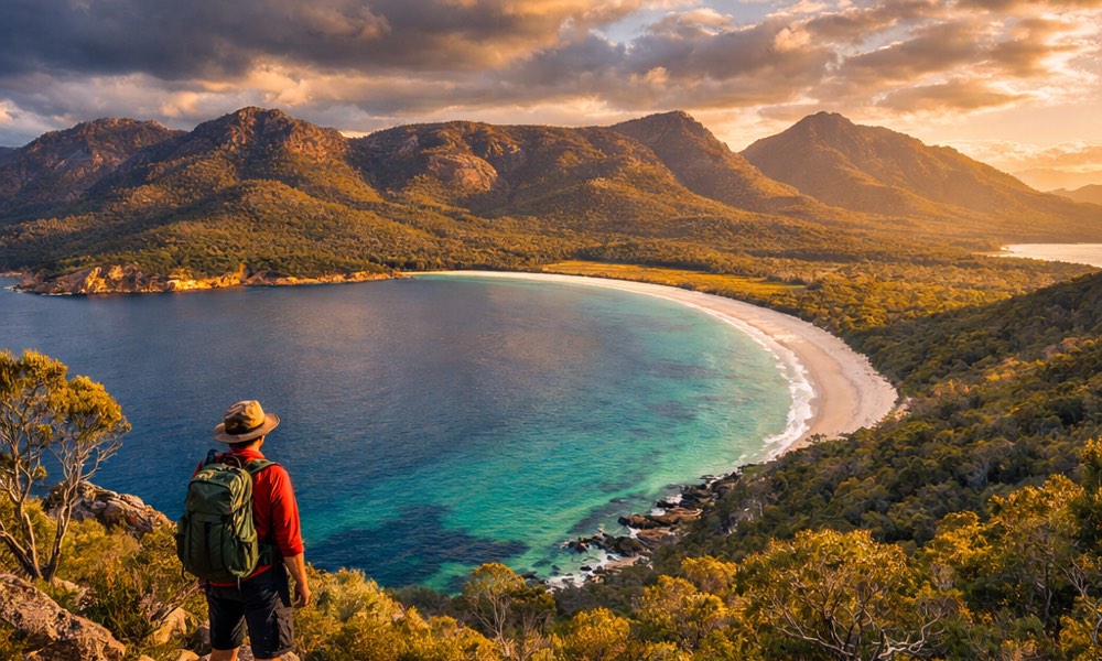 Wanderer auf einem Küstenpfad mit Blick auf die sichelförmige Wineglass Bay in Tasmanien